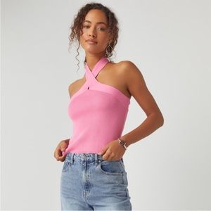 NWT Francesca’s Pink Mona Halter Twist Neck Ribbed Knit Top